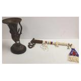 Native American style beaded axe & a bronze deer