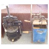 Antique sausage stuffer & a butter churn