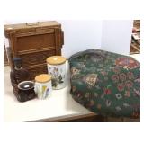 Oak drawer cabinet, figure, canister & bolt of