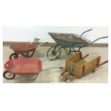 3 metal wheelbarrows & a wooden wheelbarrow