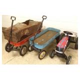 2 old metal wagons, a pedal car & a pedal tractor