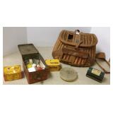 Vintage fishing creel, tin with tackle, reel