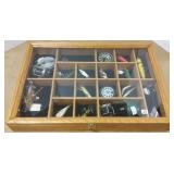 Case with vintage baits, reels, etc