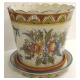 20" decorated pottery planter with under-plate
