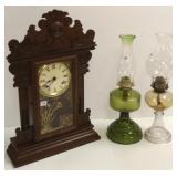 Antique style clock & 2 oil lamps