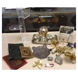 Group including Lucite stand, silverplate tea set