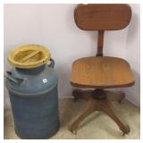 Oak swivel chair & a milk can
