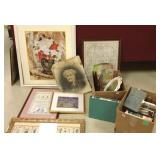 Group framed & unframed artworks, needleworks,