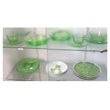 Group green depression glass & frog motif china,