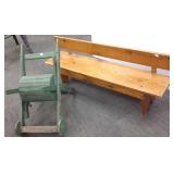 Green painted wooden hose reel & a pine bench