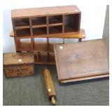 4 primitive pine pigeon holes, advertising box,