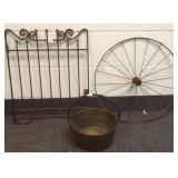 Brass candy kettle, iron teller cage & a wheel