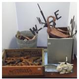 Group of cast iron fence finials, metal items, etc