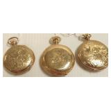 3 pocket watches with engraved hunters cases