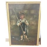 Framed antique oil on canvas of a boy with fish