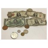 3 U.S. silver dollars, foreign, etc. coins & some