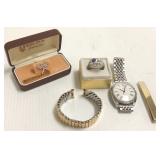 Timex watch, sterling ring & tie tac, watch band &