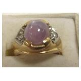 14k gold ring set with 2 diamonds & purple star