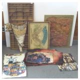 Group including type tray, paper art, birch bark,