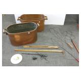 2 copper boilers with rug beaters, antique scale,