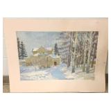 Unframed unsigned oil on paper - cabin scene