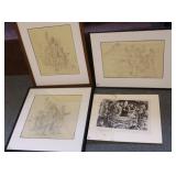 3 framed Russian drawings & an unframed 1934