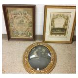 2 framed antique litho documents & a convex glass
