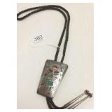 Silver & inlaid turquoise & coral bolo