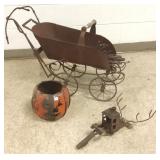 Artist iron wheel barrow sculpture, deer &