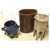 Group including wooden plantstand, barrel,