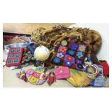 Group of assorted textiles, furs, Whiting purse,