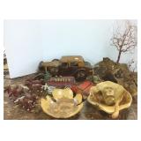 Group including folk art wood items, iron toy, etc