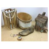 Boot birdhouse, birch bark items, etc