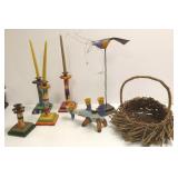 Group including signed bird sculpture,