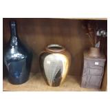 2 large studio pottery vases & a bottle