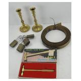 LOT OF BRASS ITEMS - HAMMER, LOCKS, CANDLESTICKS