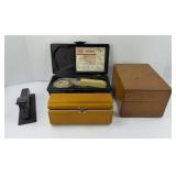 VINTAGE WOOD CARD BOX, STAPLER & LABEL MAKER