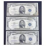 (3) 1953 BLUE SEAL 5 DOLLAR BILLS
