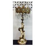 ORNATE CHERUB LAMP W/ GLASS PRISMS