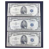 (3) 5 DOLLAR SILVER CERTIFICATES 1953