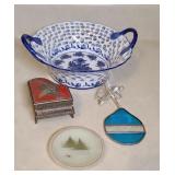 ENAMEL TRINKET BOX, LACE BASKET, MORE