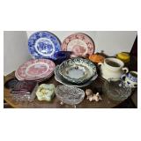 ANTIQUE POWDER BOX, GERMAN TEA POT & ASST DISHES