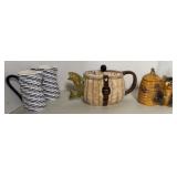 FISH BASKET TEAPOT, HONEY JAR, CREAM PITCHERS