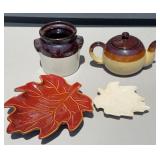 CROCK, TEA POT, LEAF PLATES