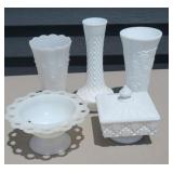 MILK GLASS VASES & COVERED CANDY DISH