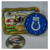 BUDWEISER TRAY, COLTS CLOCK & OTHER WALL CLOCK