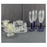 CANDLE HOLDERS, BLUE STEMMED GLASSES & MORE