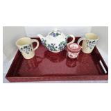 TEA POT, MUGS, ORIENTAL SUGAR BOWL & TRAY (ALT