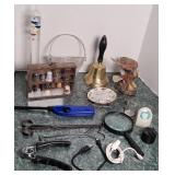 BRASS BELL, THERMOMETER, THIMBLE COLLECTION