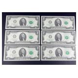 (6) 2 DOLLAR BILLS UNCIRCULATED CONSECUTIVE